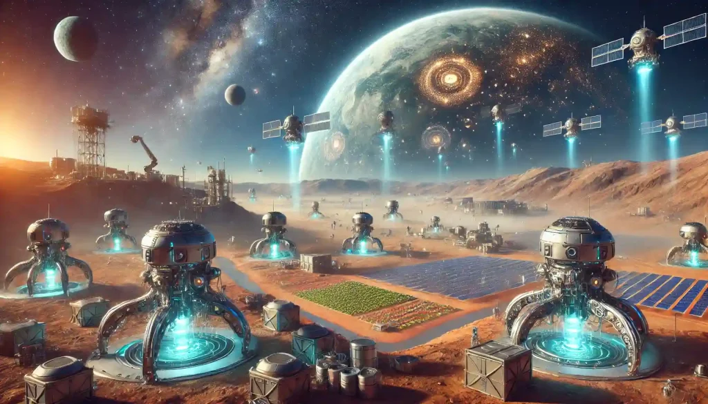 Illustration from NexaKing (NXK) post showing AI token development, Ethereum (ERC-20) technology, and crypto-powered research, AI-Driven Terraforming Robots—Pioneering the Future of Planetary Colonization