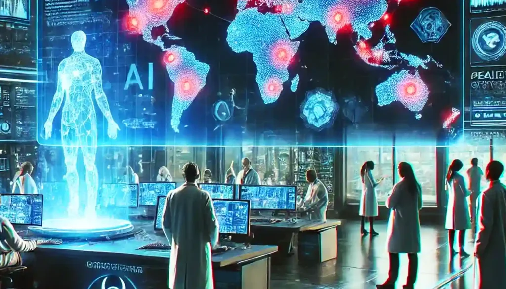 Illustration from NexaKing (NXK) post showing AI token development, Ethereum (ERC-20) technology, and crypto-powered research, Predictive AI for Disease Outbreaks—Harnessing Technology for Proactive Public Health